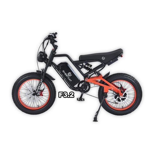 eMOTO Ghostcat F3.2 electric bike in burnt orange color, displayed in its original packaging box