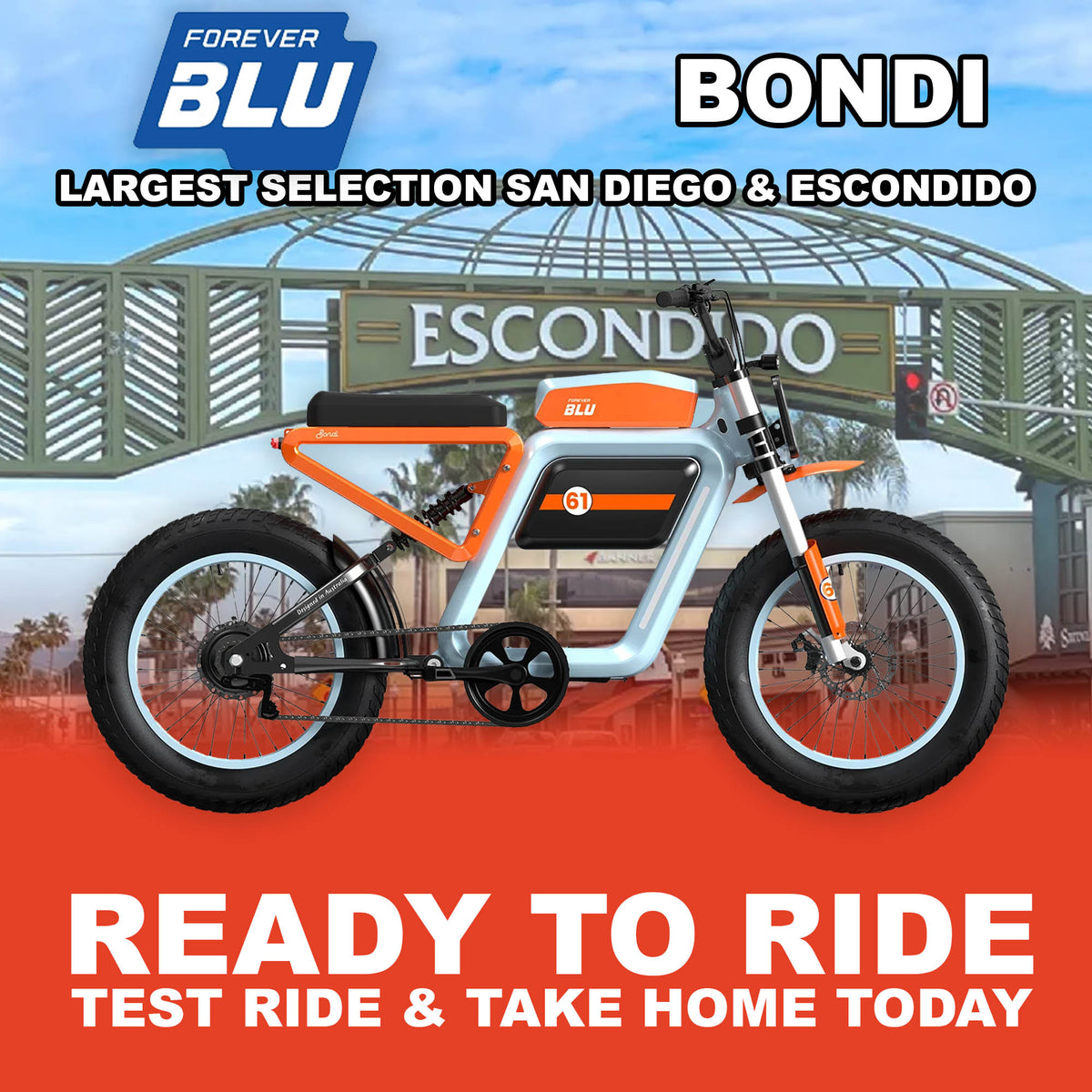 eMOTO eBike ForeverBlu Bondi in blue and orange, side view, ready to ride, with orange accents on wheels and frame