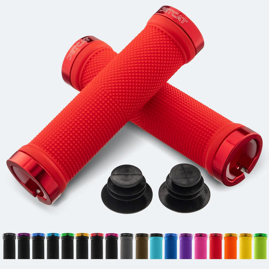 Red Jetcat ebike grips with textured surface, shown in a pair against a white background.