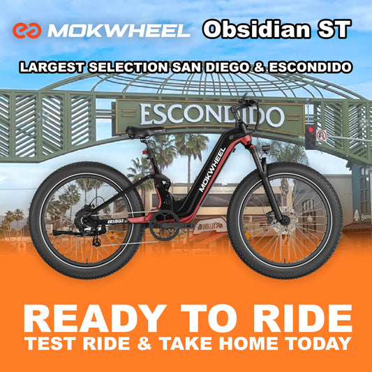 Mokwheel Obsidian ST electric bike in black and red, fully assembled and ready to ride, product image showing side view.
