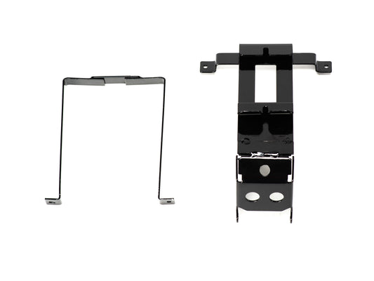 Stomp Ebox Dragster battery cradle, black metal frame with mounting holes, shown on a white background.