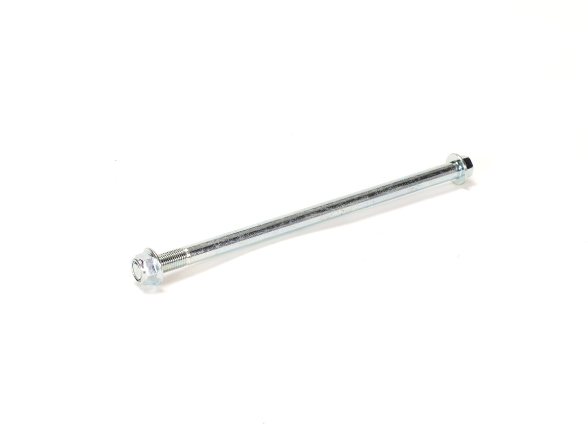 Front view of a Stomp Ebox Dragster front axle, showing the metal axle component with mounting points and a clean, industrial finish.