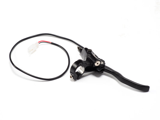 Front view of the Stomp Ebox front brake lever and master cylinder, showing the black lever attached to the silver master cylinder assembly.