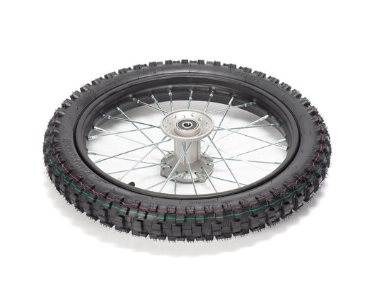 Front view of a 14-inch Stomp Ebox dirt bike front wheel with knobby tire and silver spokes.