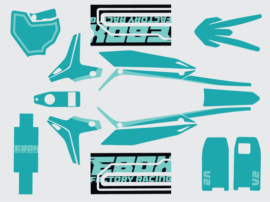Stomp Ebox V2 Graphics Kit in teal, displayed on a white background, showing detailed decals and design elements for a dirt bike.