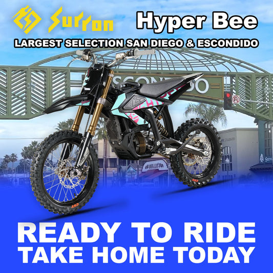 Blue Surron Hyperbee eMOTO electric motorcycle, model R2R, side view, serial number 00810206242124