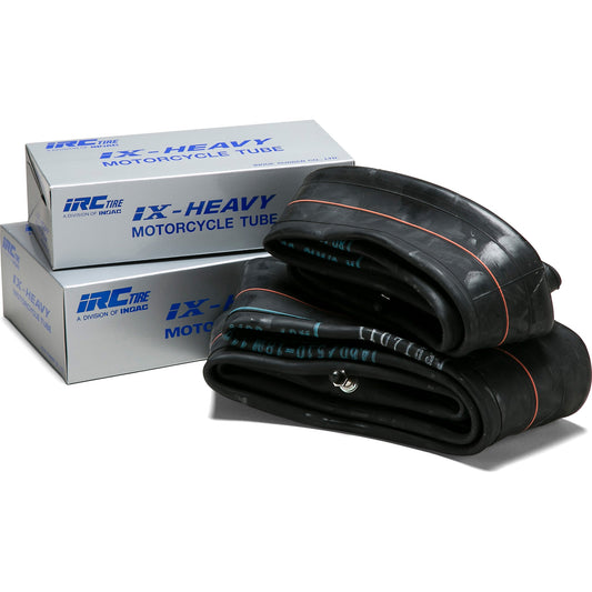 Heavy duty IRC 90-100-16 inner tube, product image showing black rubber tube with valve stem attached