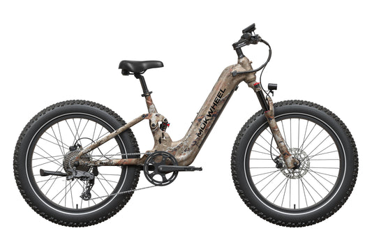 Mokwheel Obsidian ST 2.0 eBike in Desert Camo color, side view, showcasing fat tires and sturdy frame design