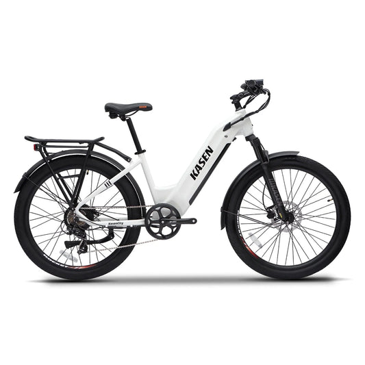 White KASEN City 2.0 750W Step-Thru Urban Electric Bike with 27.5x2.4 tires, side view