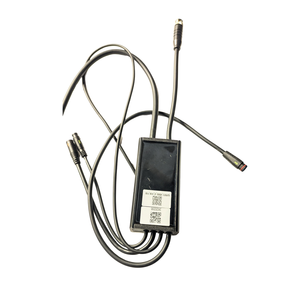 Front view of the Super73 S2 LagunaZ Miami CoreZX Core Legacy eBike controller (SUPER73 WD800 V2 H106 F100) showing wiring harness and connectors on a white background.