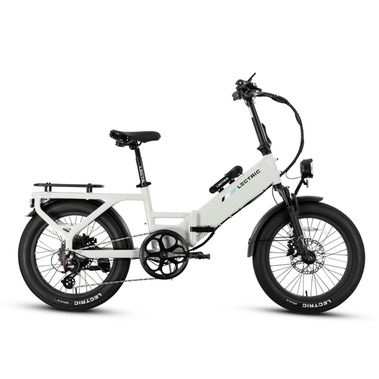 Stratus White LECTRIC XP4 750W Step-Through eBike, side view, against a plain background