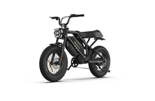 Side view of the eMOTO RAEV Bullet GTX electric bike, showcasing its moto-style frame, dual suspension system, and 1500W motor, set against a neutral background.