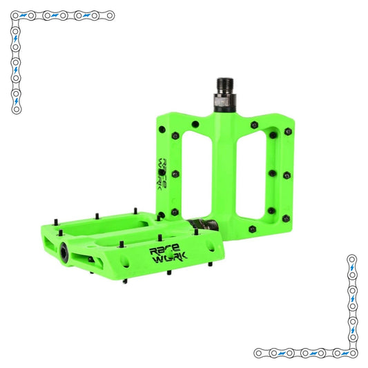 Electric green eBike pedals with a bright, vibrant finish designed for electric bikes, product model 7513855.