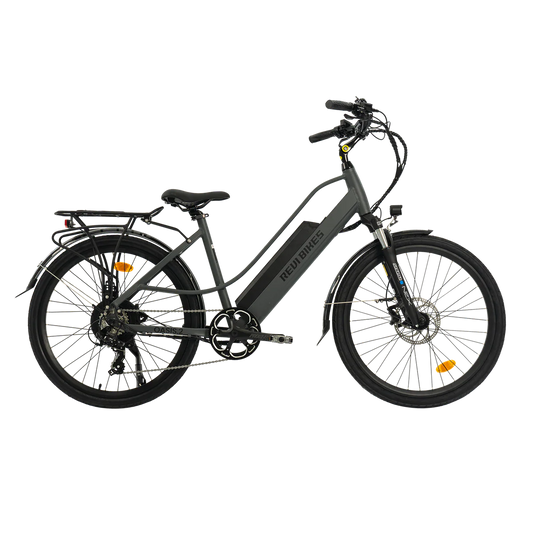 eBike Revi Oasis.2 ST electric bicycle in anthracite color, side view, against a plain background
